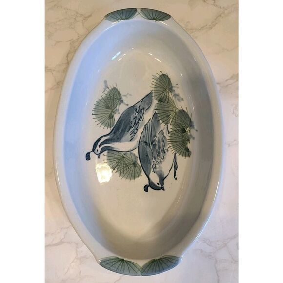 Handpainted Ceramic Large Oval Serving Dish Handmade Signed Two Quails Blue EUC - Picture 3 of 8